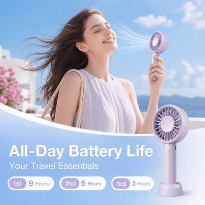 Portable Handheld Fan 16-Hour Battery Life | Air Turbo Tech 3-Speed USB Rechargeable Personal Cooling Fan for Outdoor Activities, Travel & Work – Upgraded Purple, White & Mini Light Blue