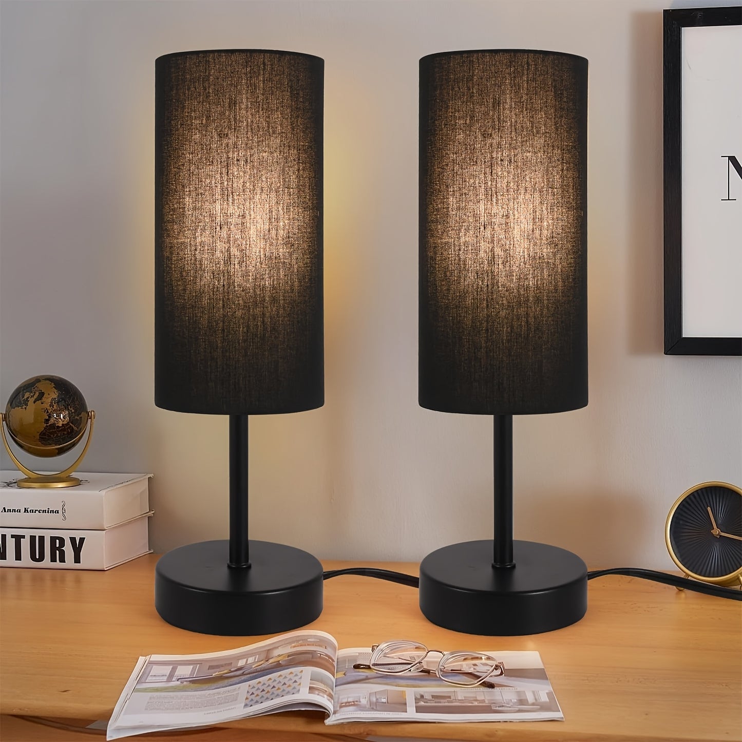 Small Bedside Table Lamp Set of 2 – Linen Shade Nightstand Lamp with Cord Switch, 5W LED Bulb Included, Compact Desk Light for Bedroom Living Room Children's Room Office Dorm (Black / Beige Black)