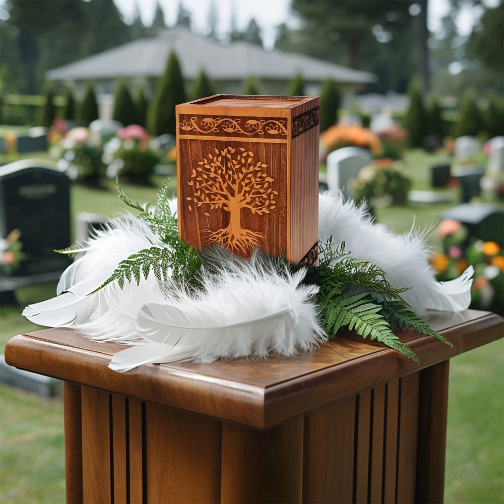 Cremation Urns for Human Ashes Adult – Wood Tree of Life Memorial Urn Box 200 Cu In for Men Women Child Burial Funeral Keepsake Holds Adult Ashes Fits Pets Cat Dog