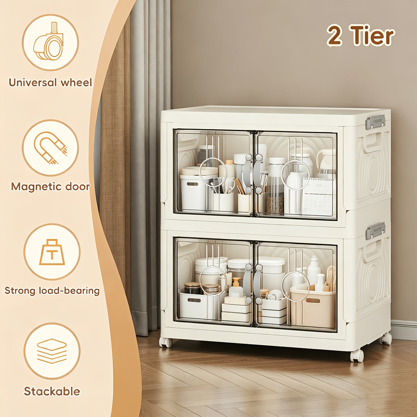 Collapsible Storage Bin with Lid – Foldable Storage Cabinet 2/3/4/5 Layer 48QT Plastic Organizer | Freestanding Storage Rack for Home, Living Room, Kitchen & Bathroom | Snack & Box Storage Container
