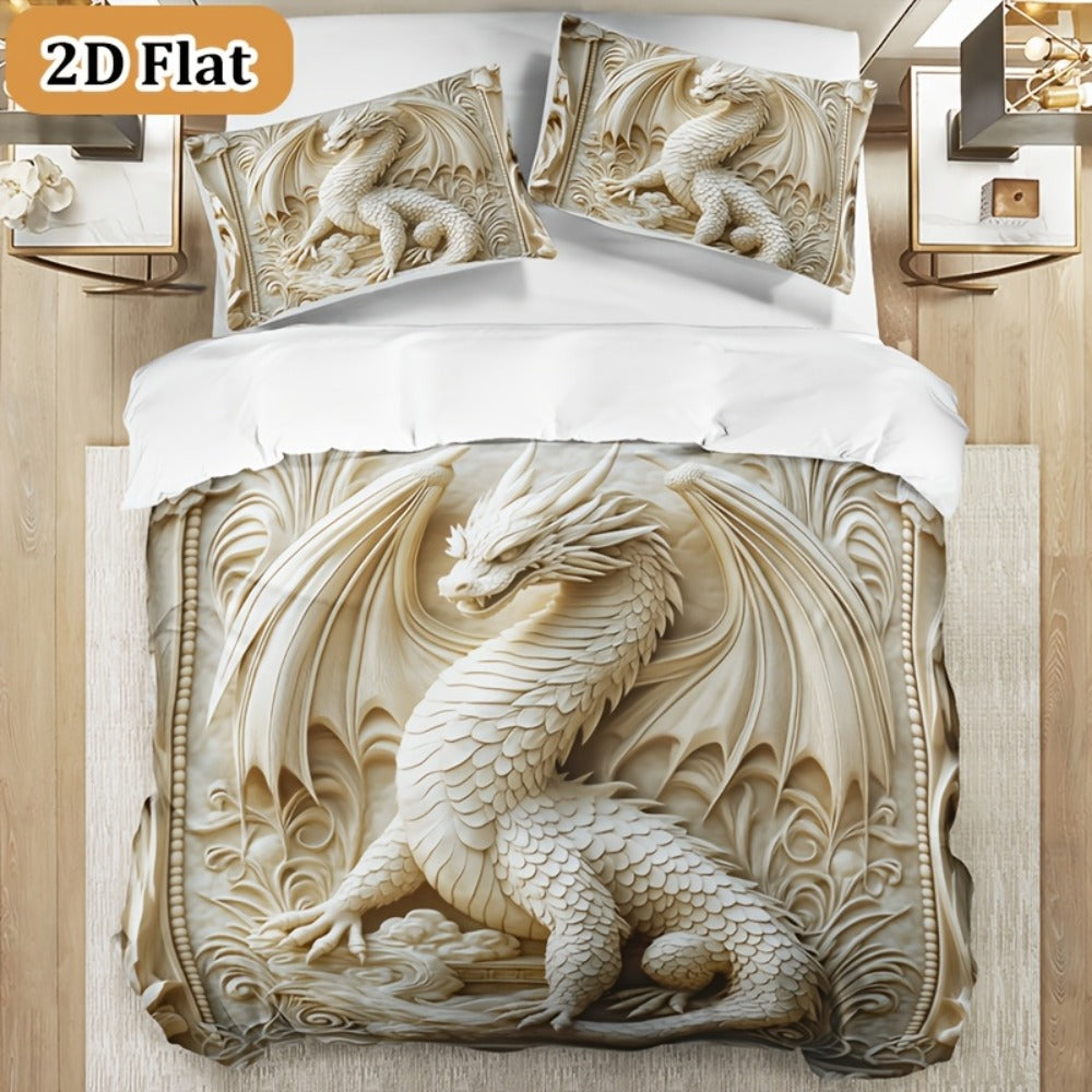 Dragon Print Duvet Cover Set 3-Piece – Boho Dragon Totem Bedding, Soft Polyester Comforter Cover with 2 Pillowcases, Twin Full Queen King, Dorm Room Decor