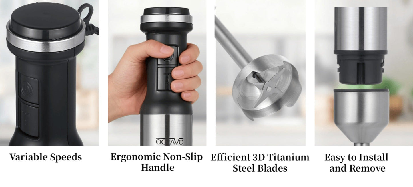 800W Immersion Hand Blender 5-in-1 Set – Stainless Steel Stick Mixer with Whisk, Frother, 1000ml Cup & 450ml Food Chopper for Smoothies, Soup & More