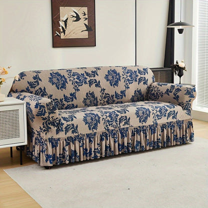 Stretch Sofa Cover Slipcover High-Stretch Fabric Ruffle Skirt Non-Slip Rod All-Season Snug Fit for 1 2 3 4 Seater Couch — Dark Blue with Pillow Cover