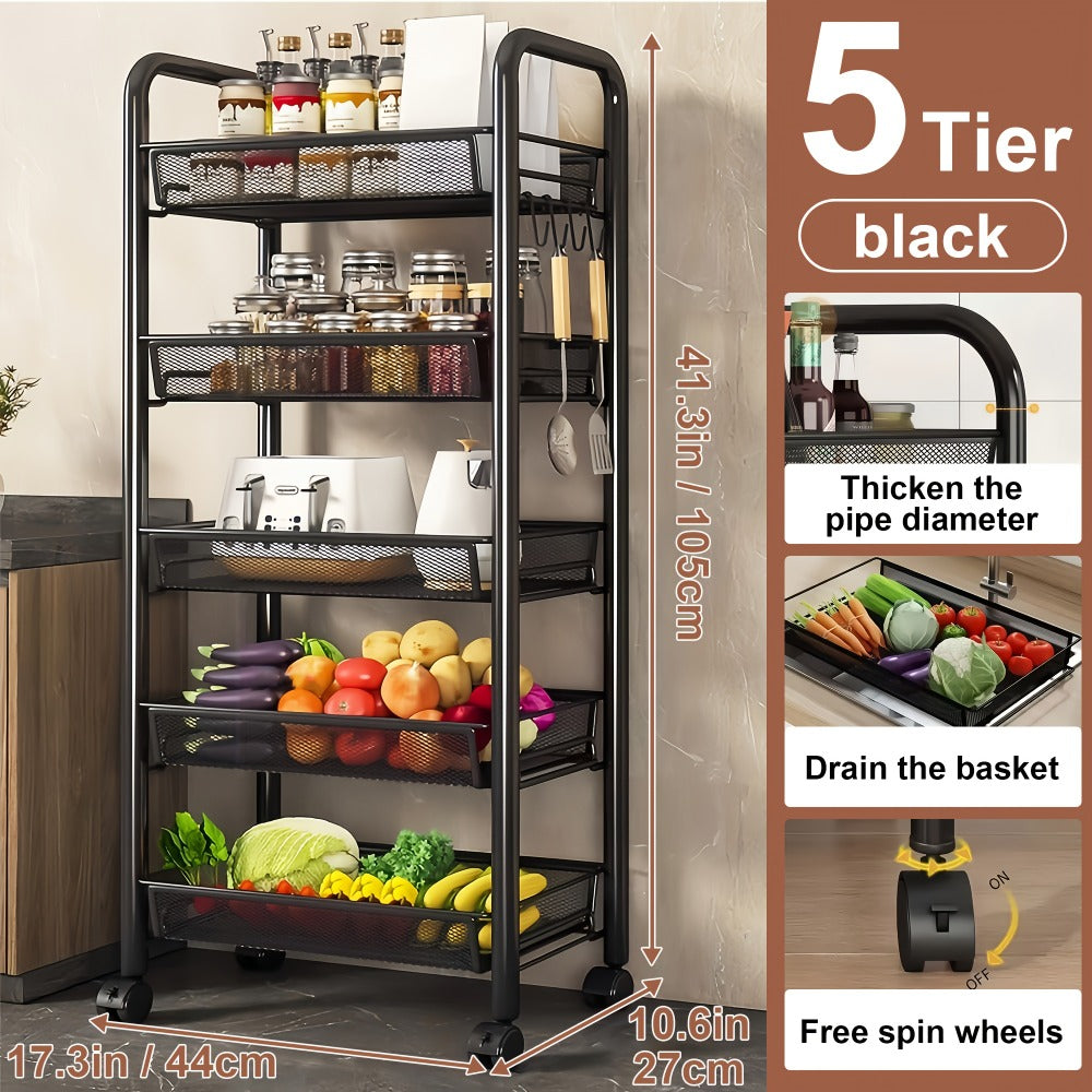 Rolling Storage Cart on Wheels – 3/4/5 Tier Carbon Steel Wire Basket Trolley, Black Metal Utility Cart for Kitchen, Bathroom, Bedroom, Office & Living Room, Space-Saving Detachable Shelving Unit