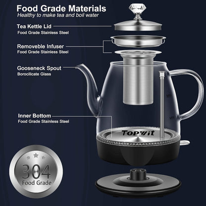 Pour Over Glass Electric Kettle with Removable Stainless Steel Tea Infuser – 1L 33.81oz BPA-Free Dual-Purpose Hot Water Kettle for Tea & Coffee, Auto Shut-Off & Boil-Dry Protection, Elegant Countertop Design