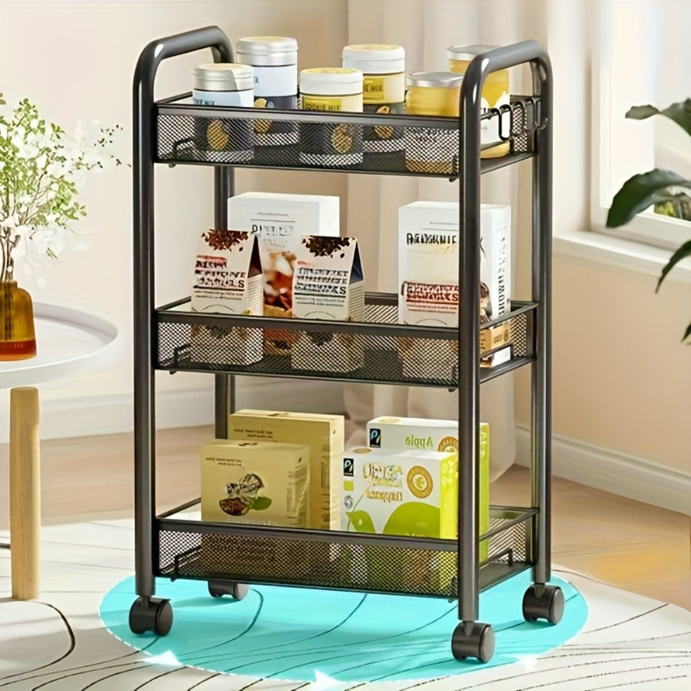 Rolling Storage Cart on Wheels – 3/4/5 Tier Carbon Steel Wire Basket Trolley, Black Metal Utility Cart for Kitchen, Bathroom, Bedroom, Office & Living Room, Space-Saving Detachable Shelving Unit