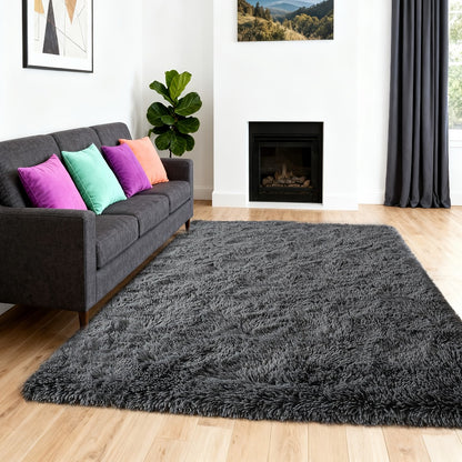 Fluffy Area Rug 4x6 - Soft High Pile Shaggy Carpet Non-Slip Indoor Floor Mat for Bedroom Living Room Dining Room, Blue & Tie Dye Rainbow Purple