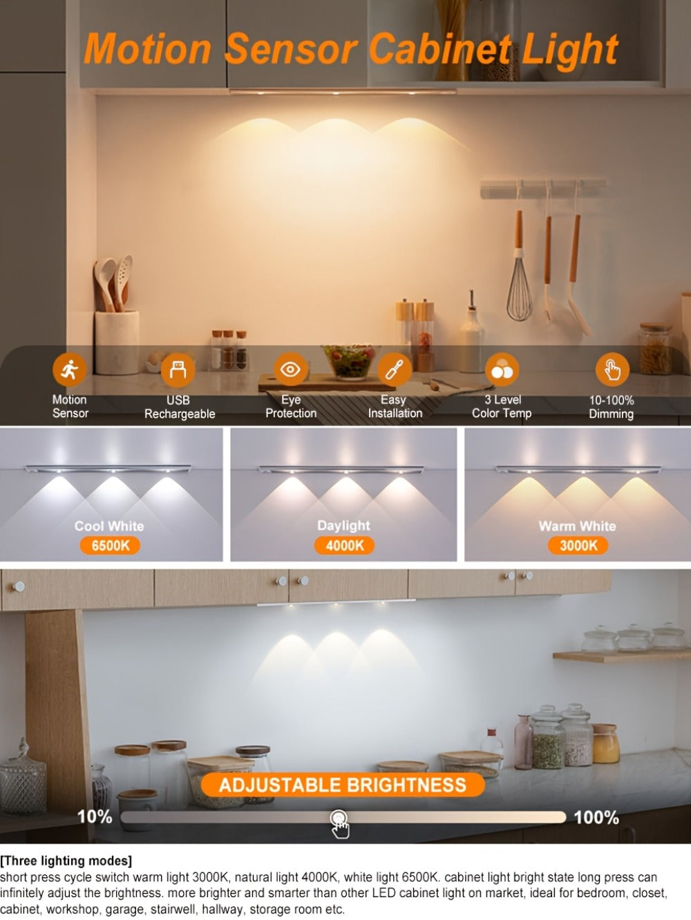 LED Sensor Strip Light USB Rechargeable – 3-Color Dimmable Motion Sensing Wireless Night Light for Kitchen, Wardrobe, Cabinet, Shoe Cabinet & Bedroom (20cm / 30cm / 40cm / 50cm)