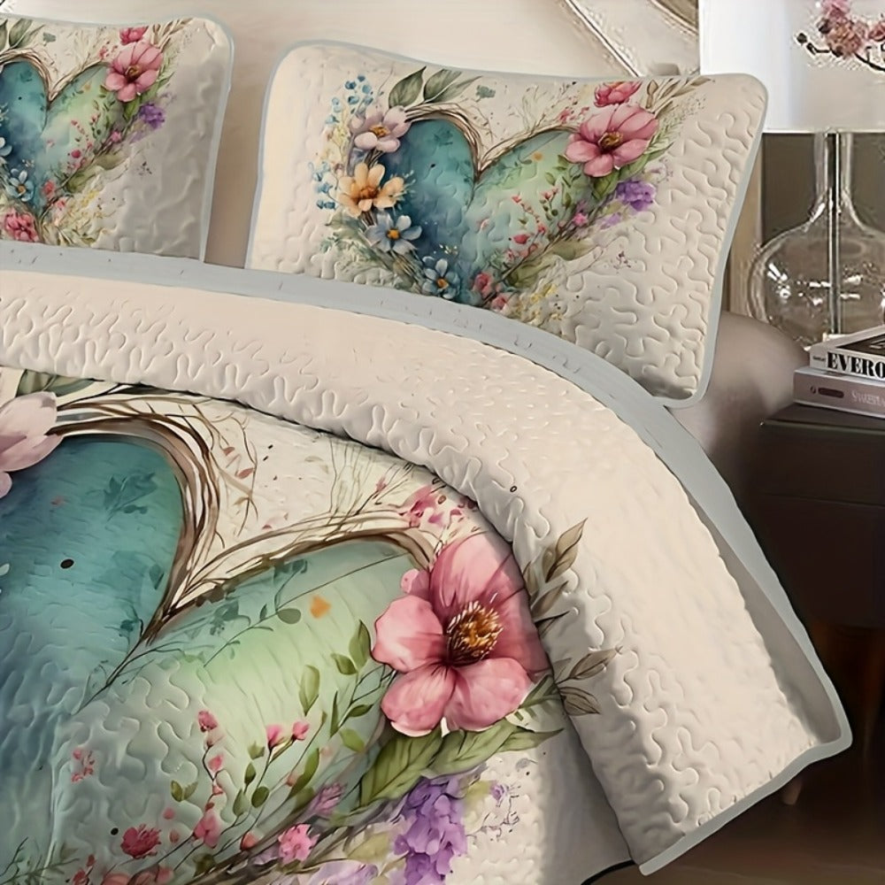 Floral Watercolor Quilt Set – Heart Botanical Print, Soft Breathable Hypoallergenic Bedspread, Twin Full Queen King, All Seasons – Romantic Bedroom Decor