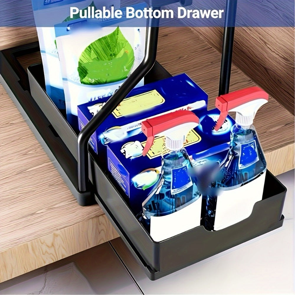 Under Sink Organizer 2-Tier Sliding Cabinet Basket with Hooks – Adjustable Bathroom Kitchen Shelf Storage Rack for Cabinets