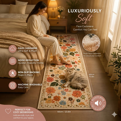 Bohemian Floral Plush Rug Non-Slip Machine Washable – Soft Floral Runner Mat for Bedroom, Kitchen, Bathroom, Entryway & Living Room – Easy Clean Indoor Home Decor Mat, 4 Sizes