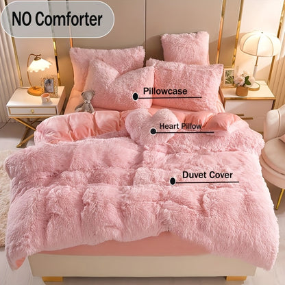 Faux Fur Duvet Cover Set Twin Queen King Super Soft Plush Comforter Cover with Pillowcases Heart Pillow for Kids Teens Machine Washable Bedroom Decor