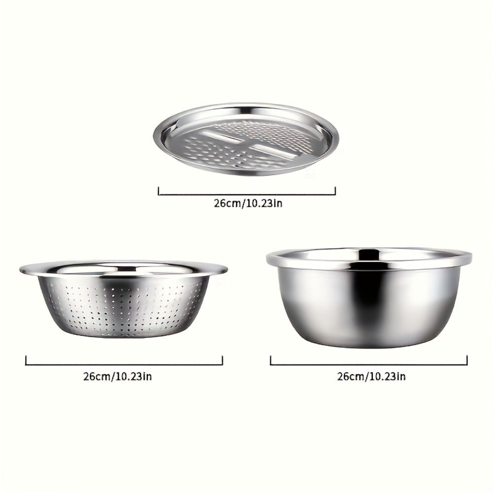 Stainless Steel Kitchen Tool Set 3pcs – Built-In Grinder, Colander Filter & Mixing Bowl for Washing, Slicing & Draining Fruits, Vegetables & Cheese, Food-Safe Drainage System