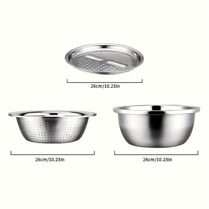 Stainless Steel Kitchen Tool Set 3pcs – Built-In Grinder, Colander Filter & Mixing Bowl for Washing, Slicing & Draining Fruits, Vegetables & Cheese, Food-Safe Drainage System