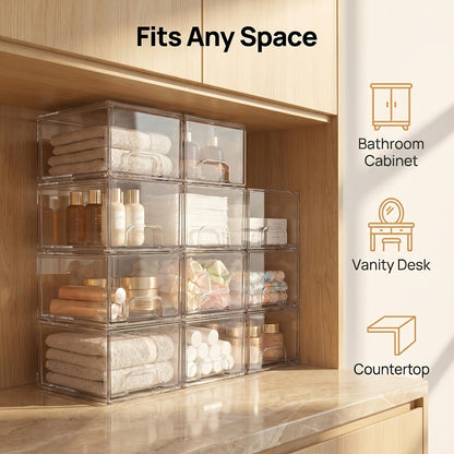 Clear Stackable Storage Drawers 8 Pack – Acrylic Bathroom Organizer Bins with Pull-Out Handle, BPA-Free Plastic Makeup Storage for Vanity, Kitchen, Pantry, Home Organization