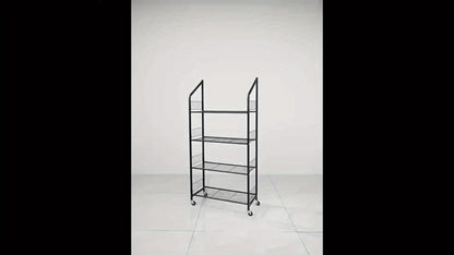 4-Tier Metal Display Rack with Wheels – Rolling Floor Shelf for Kitchen, Store & Home Storage Organization