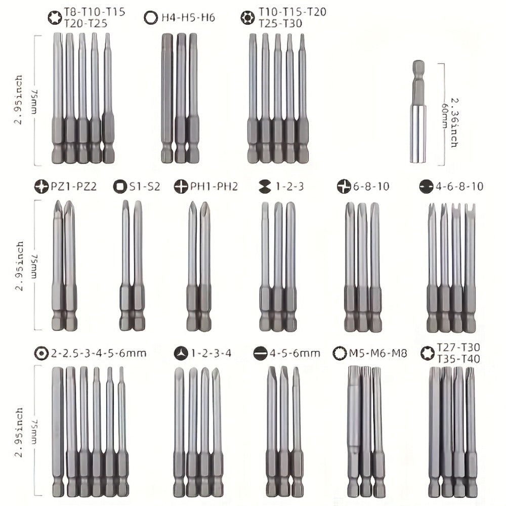 Magnetic Screwdriver Bits Set 50pcs – 75mm Extended Security Bits, 1/4" Hex Shank, Torx Star Hex Spline, for Power Drills & Hand Screwdrivers