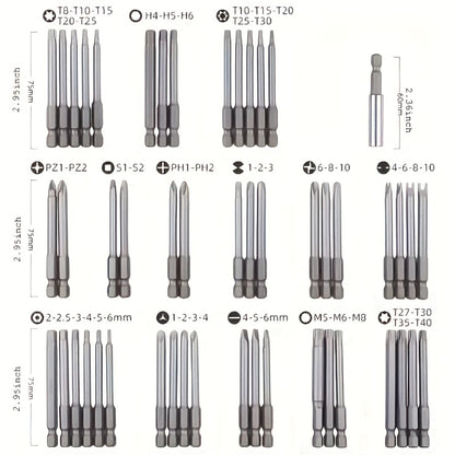 Magnetic Screwdriver Bits Set 50pcs – 75mm Extended Security Bits, 1/4" Hex Shank, Torx Star Hex Spline, for Power Drills & Hand Screwdrivers