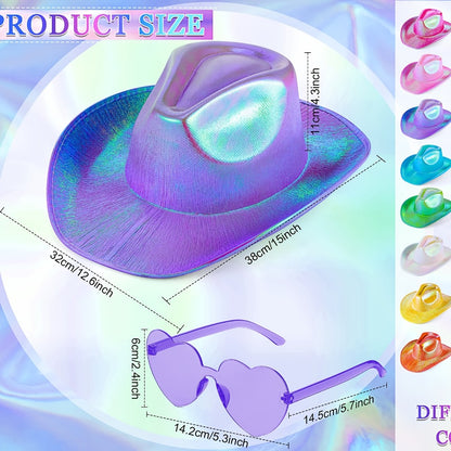 Space Cowgirl Holographic Hat & Rimless Heart Glasses Set 32 Pcs – Sparkly Party Costume Accessories