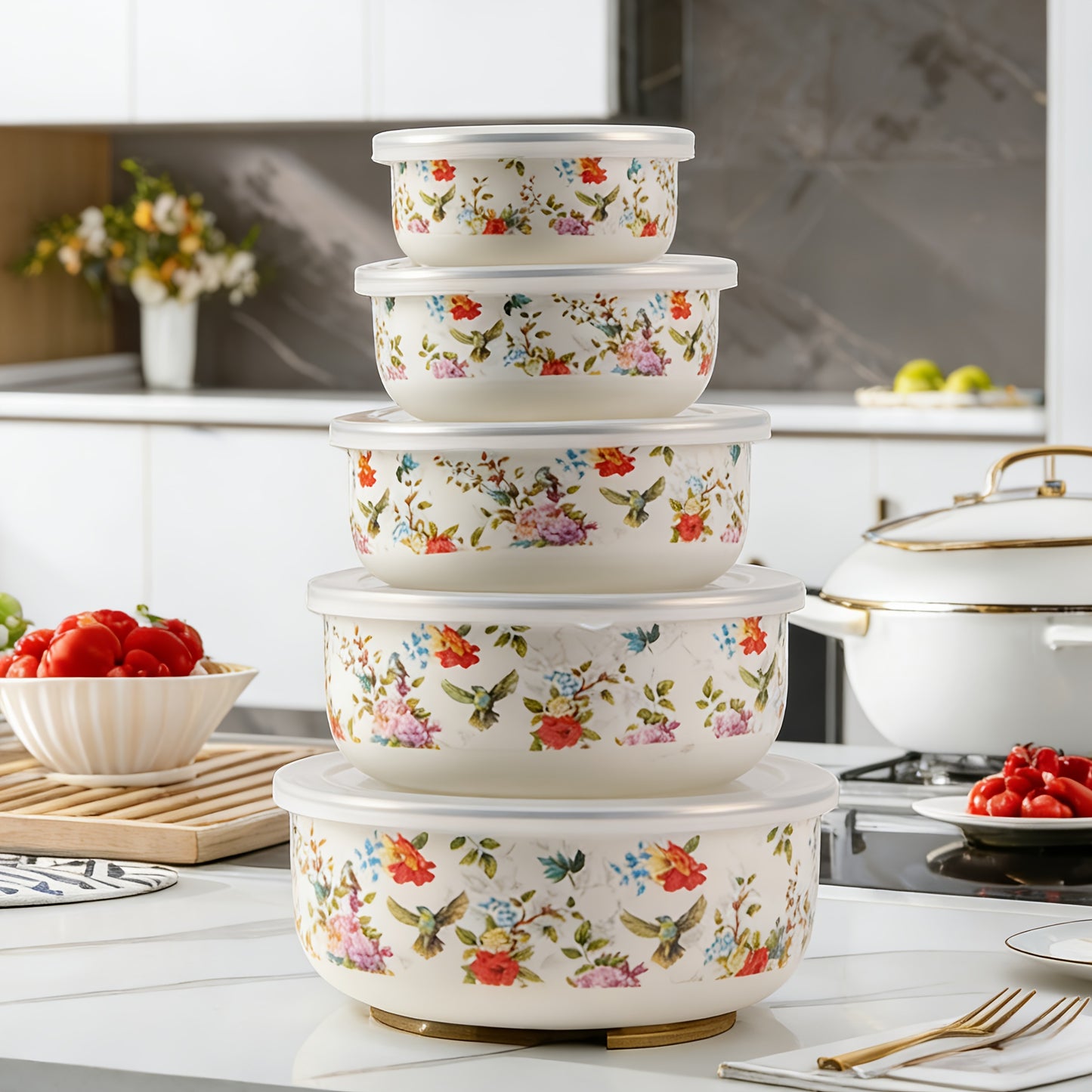 5-Piece Enamel Food Storage Containers Set with Lids - Sealed Lunch Boxes, Noodle Bowls & Refrigerator Preservation Bowls for Kitchen, Office & Camping