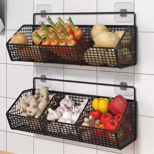 Wall Mounted Kitchen Storage Basket – Metal Wire Rack Organizer, 2 or 3 Grid Tier, Space Saving Vertical Pantry Shelf for Spices, Snacks & Beverages, Home Kitchen & Retail Store Display