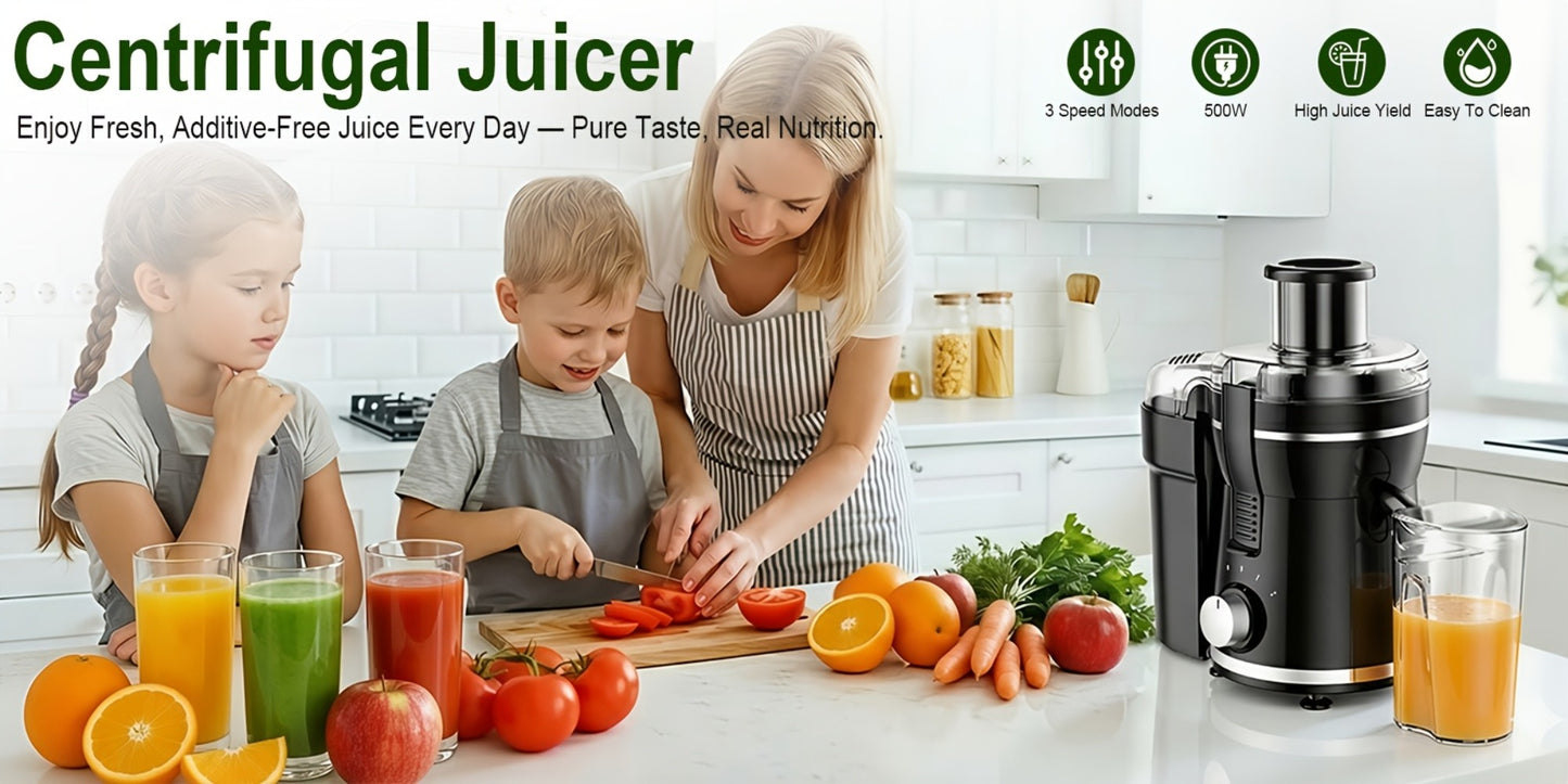 Centrifugal Juicer Machine 500W Wide 3" Feed Chute for Whole Fruits & Vegetables - Dual Speed, High Juice Yield, Stainless Steel, Dishwasher Safe Detachable Parts, Easy Clean Juicer for Healthy Living