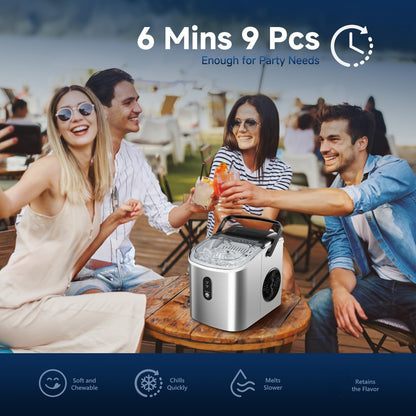 Portable Ice Maker Countertop – Bullet Ice Machine 26-29 Lbs Daily, 9 Ice Cubes in 6 Mins, Self-Cleaning, Quiet Under 45dB, with Handle, Basket & Scoop, for Home, Kitchen, Camping & RV