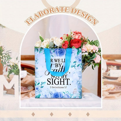 Bible Verse Tote Bags Bulk 32 Pcs Floral Religious Gift Bags with Handles Reusable Non-Woven Inspirational Bags for Christian Baptism Wedding Birthday Church Women Girls Party Favor Bags