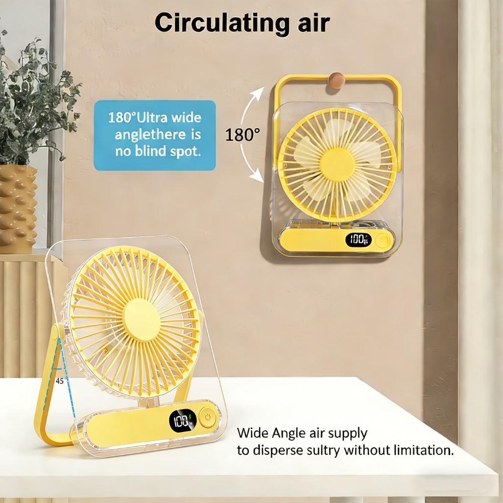Portable USB Desktop Fan 3000mAh Battery, Ultra-Quiet 5-Speed Foldable Fan with 180° Adjustable Tilt and Digital Power Display, Small Personal Cooling Fan for Home, Office and Travel