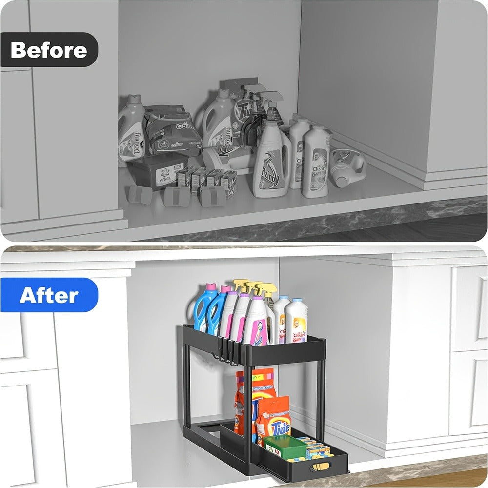 Under Sink Organizer Set of 2 – Dual Tier Sliding Basket Drawers with 8 Hooks Kitchen Bathroom Cabinet Storage