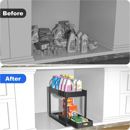 Under Sink Organizer Set of 2 – Dual Tier Sliding Basket Drawers with 8 Hooks Kitchen Bathroom Cabinet Storage
