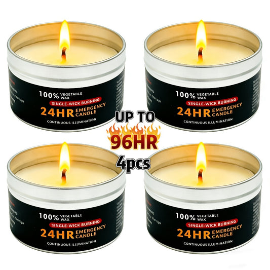 Long Burning Candles 4 Pack 96 Hour Burn Time Unscented Soy Palm Wax Candles in Metal Tins 80g Each Emergency Candles for Power Outage Camping Hiking Indoor Outdoor Holiday Decor Halloween Christmas