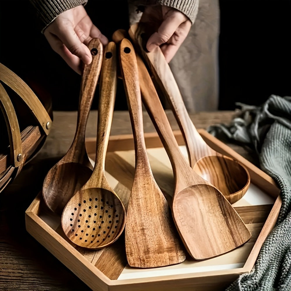 Wooden Kitchen Utensils Set – Natural Wood Spoon Spatula & Wok Spatula with Ergonomic Handle, Heat-Resistant Non-Stick Safe Cooking Tools, Easy to Clean Durable Kitchen Essentials (5 / 6 / 10 Piece Sets)