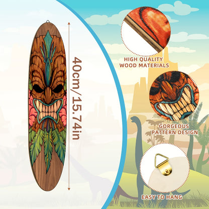 Wooden Surfboard Wall Art 15.74" – Rustic Tropical Beach Decor with Hibiscus & Tiki Mask Design, Frameless Recycled Wood Wall Hanging for Hawaiian Bar, Home, Summer & Vacation Theme Decor