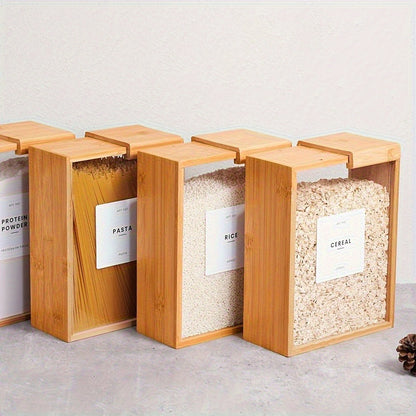 Bamboo Food Storage Containers 2-Pack – 101oz Rectangular Wooden Kitchen Storage Boxes with Sliding Lids for Rice, Beans, Pasta, Cereals & Dry Goods – Housewarming Gift
