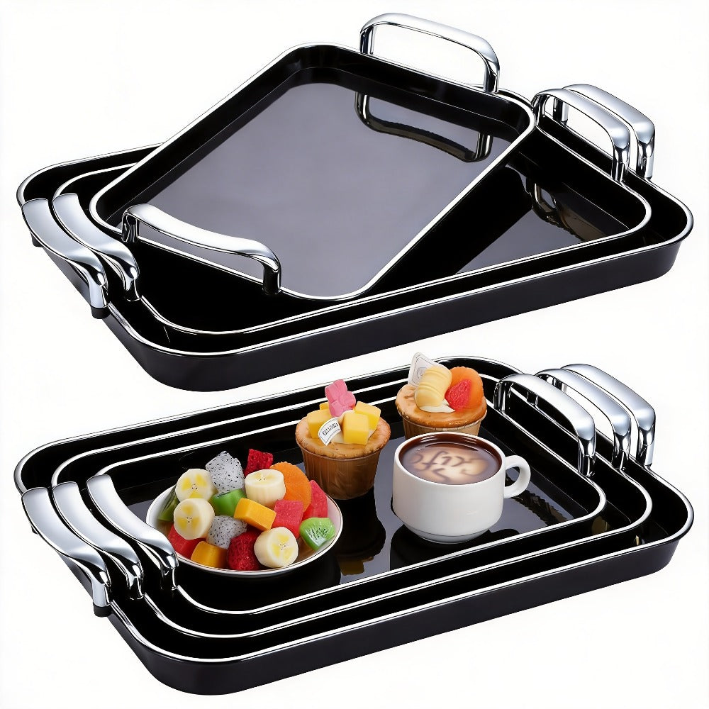 3-Piece Rectangular Serving Tray Set with Handles – Plastic Food Trays for Parties, Dinners & Gatherings, 16.5/15/13.2 Inch Nested Trays for Turkey, Cake, Cheese, Fruit & Appetizers