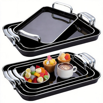 3-Piece Rectangular Serving Tray Set with Handles – Plastic Food Trays for Parties, Dinners & Gatherings, 16.5/15/13.2 Inch Nested Trays for Turkey, Cake, Cheese, Fruit & Appetizers