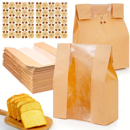 Bread Bags 100pcs Paper with Window 50% Thicker 13.7x8.2x3.7in Sourdough Homemade Bread Bakery Bags for Storage Bread Cookies Snacks with 100 Cute Sealing Stickers