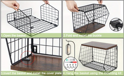 Stackable Metal Wire Fruit Basket with Lid – 1 or 2-Tier Hanging Kitchen Pantry Storage Bin, Wall-Mounted or Countertop Vegetable Organizer for Potato, Onion & Produce, Black