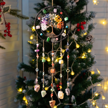 Crystal Wind Chime Suncatcher with Life Tree Pendant - Handmade Bohemian Shattered Stone Woven Hanging Decor for Outdoor Garden Window Porch, Christmas Wedding Birthday New Year Gift