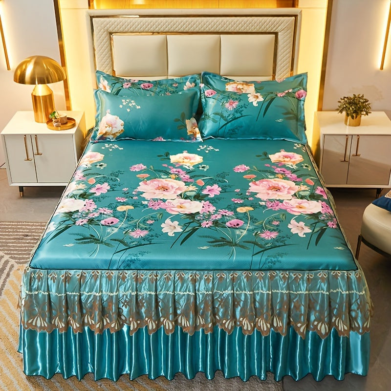 Floral Ruffle Bed Skirt Cool Mat 3 Piece Set with Pillowcase, Double Layer 360° Full Wrap Washable Cooling Mattress Cover, Breathable Summer Bedding Set for Twin Full Queen King, Parisian Romantic Floral