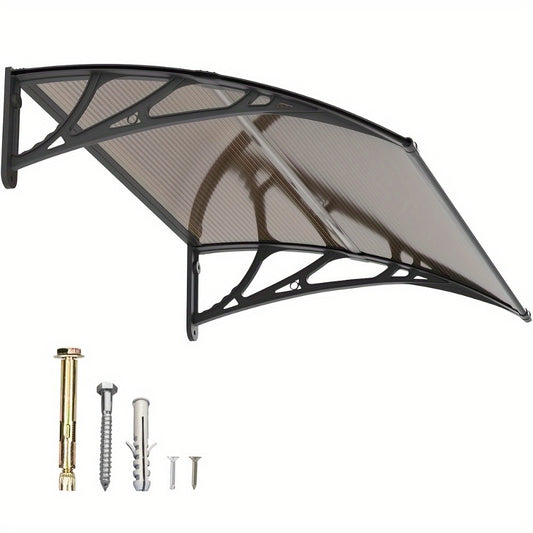 Polycarbonate Window Awning Door Canopy - UV Rain Snow Sun Protection Overhang for Doorways, Patio & Windows, Multiple Sizes, Black/Gray Bracket with Blue/Clear/Brown Board