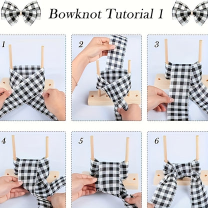 9-Piece Wooden Wreath & Bow Maker Crafting Tool Set, DIY Floral Wreath Molds with Wooden Sticks Rope Checkered Fabric, Party Decoration Craft Supplies for Holiday