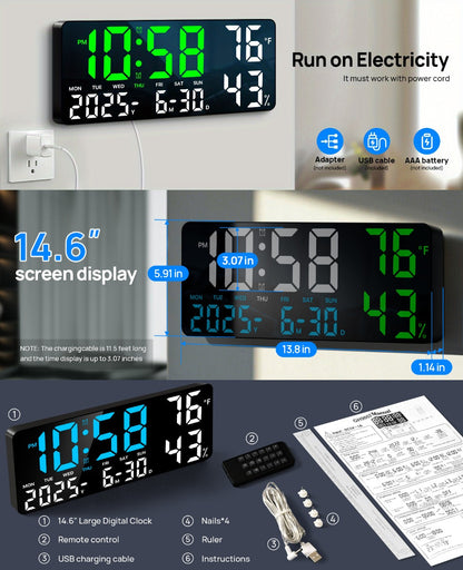 Large Digital Wall Clock with Remote Control – 14.6" LED Display Dual Alarm Clock with Night Light, Temperature, Humidity, Date & Week – RGB Color-Changing Bedroom & Living Room Clock Gift for Elderly