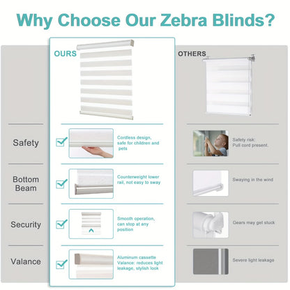 Cordless Zebra Roller Shade with Valance – Day Night Window Blind, Light Filtering Dual Layer Window Treatment Mesh Opaque Fabric