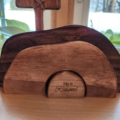 Easter Cross Decoration Wood He Is Risen Wooden Tomb Easter Resurrection Scene for Tray, Tabletop & Shelf – Religious Nativity Decor for Home & Office