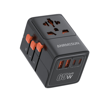 65W Universal Travel Adapter with 4 USB Ports - 2 USB-C & 2 USB-A Fast Charging, US EU UK AU Plugs, 100-240V Input, Overload & Short Circuit Protection, 200+ Countries, White & Black