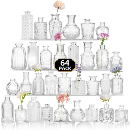 Glass Bud Vases Bulk - Small Flower Vases for Centerpieces, Rustic Wedding Table Decorations, Banquet, Party & Restaurant Decor, Aesthetic Home Decor for Halloween & Christmas, Set of 12/24/64