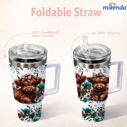 Highland Cow Insulated Tumbler Mug 40oz 16oz | Stainless Steel Vacuum Insulated | 24H Cold 12H Hot | Floral Teal Design | Gift