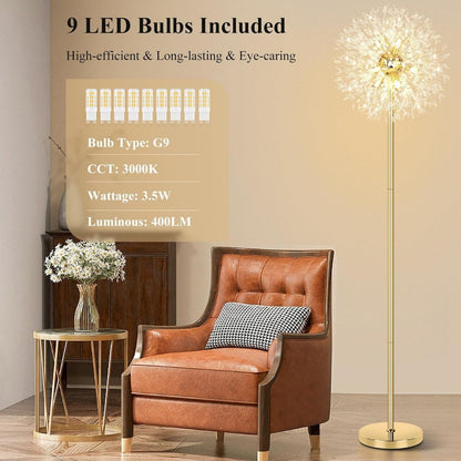 Crystal Floor Lamp Living Room 69 Inch Modern Standing Lamp – 738pcs K9 Crystals, 9 LED Bulbs, Antique Brass & Gold Finish, Tall Pole Light for Bedroom, Office & Mid Century Glam Decor